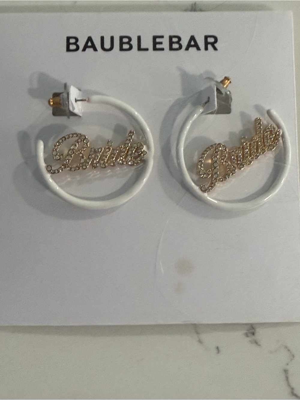 BaubleBar Gold & White 'Bride' Script Hoop Earrings
